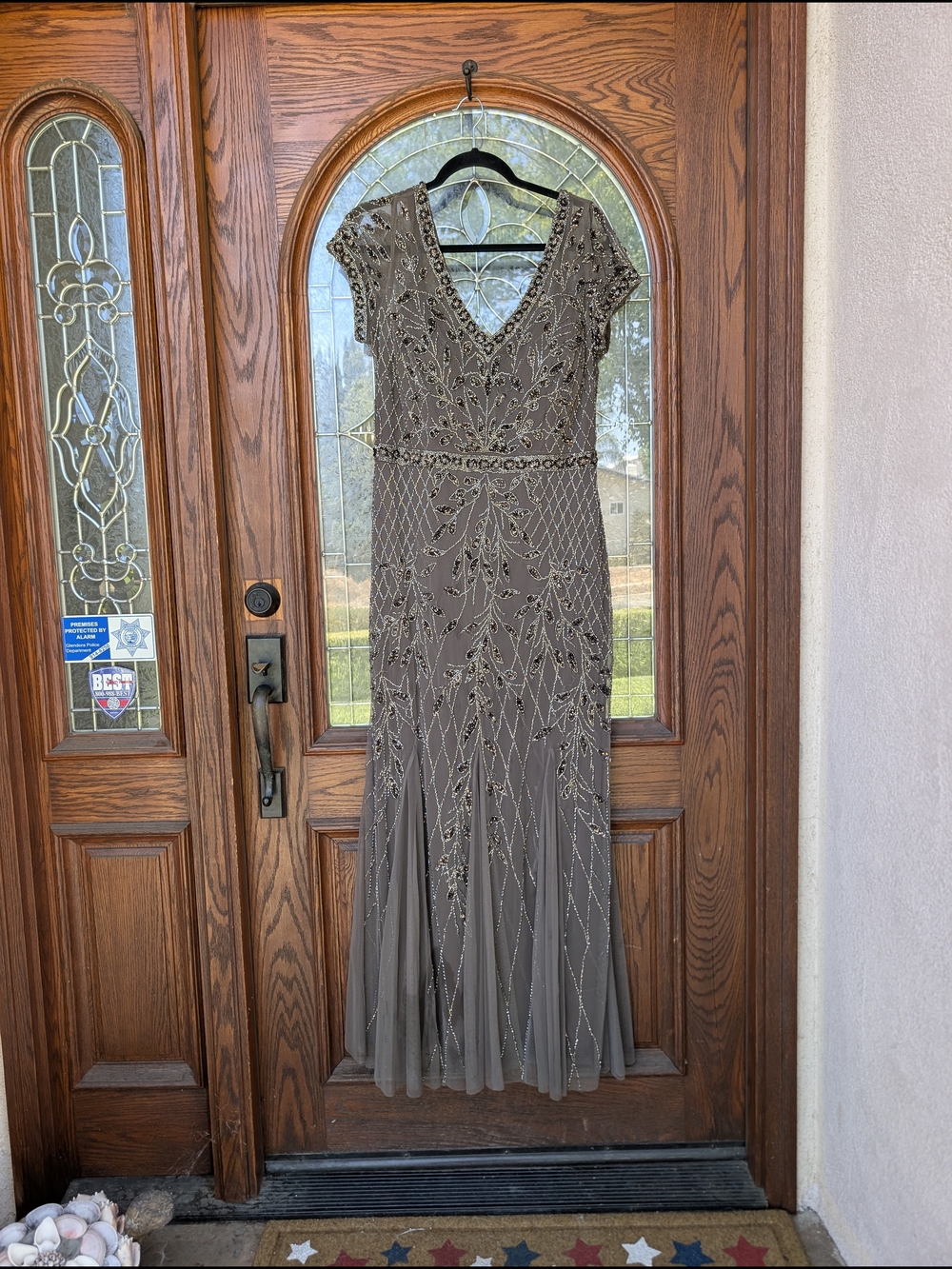 Oleg Cassini Beaded V-Neck Maxi Dress in Taupe